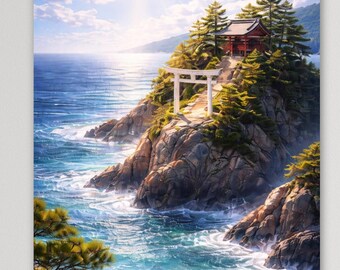 Japanese Coastal Shrine Poster | Ocean Torii Gate Wall Art | Bright Japan Seaside Landscape Print
