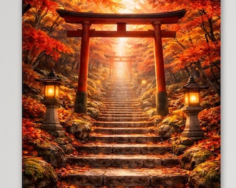 Autumn Torii Shrine Steps Poster | Japanese Maple Forest Path Wall Art | Warm Sunset Japan Decor