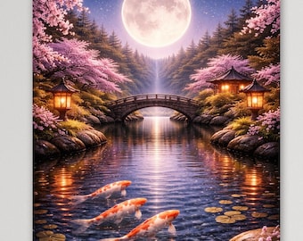 Moonlit Sakura Garden Poster | Japanese Koi Pond Bridge Wall Art | Full Moon Japan Landscape Decor