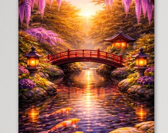 Golden Sunset Sakura Garden Poster | Japanese Koi Pond Bridge Wall Art | Japan Landscape Decor