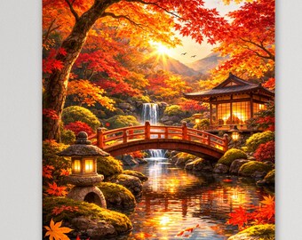 Japanese Autumn Garden Sunset Poster, Red Bridge & Maple Landscape Wall Art