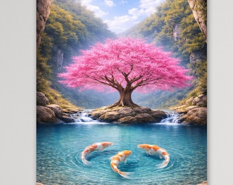 Japanese Cherry Blossom Koi Pond Wall Art | Serene Japandi Nature Poster | Calm Zen Interior Decor