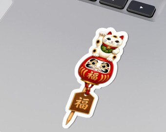 Japanese Lucky Charm Sticker | Maneki Neko Daruma Fortune Skewer Decal (3"x3")