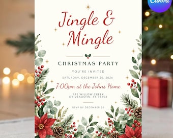 Jingle & Mingle Christmas Party Invitation, Holiday Greenery Invite, Editable Canva Template, Printable Xmas Party Card