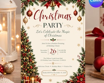 Christmas Party Invitation Template, Retro Christmas Dinner Invite, Editable Xmas Canva Template, Vintage Holiday Party Card