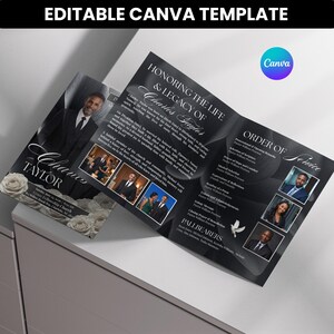 May include: A black and white funeral program template featuring the text Honoring the Life and Legacy of Charles Taylor, Order of Service, and Pallbearers. The design includes white rose graphics, multiple photo placeholders, and a Canva logo.