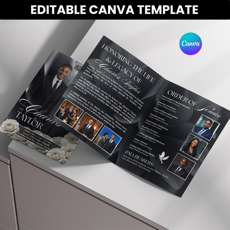 May include: A black and white funeral program template featuring the text Honoring the Life and Legacy of Charles Taylor, Order of Service, and Pallbearers. The design includes white rose graphics, multiple photo placeholders, and a Canva logo.