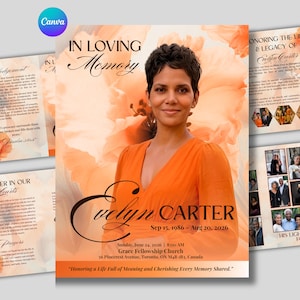 Orange Roses Funeral Program,  Canva Template, 8-Page Memorial Booklet, Celebration of Life Obituary