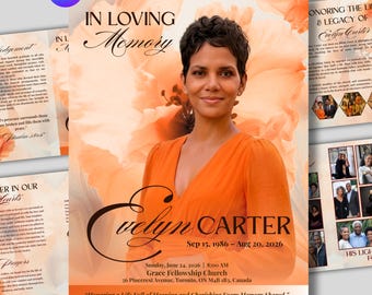 Orange Roses Funeral Program,  Canva Template, 8-Page Memorial Booklet, Celebration of Life Obituary