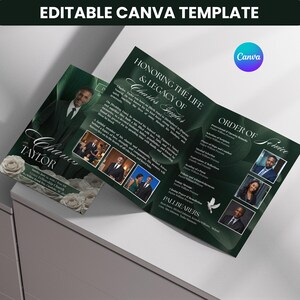 Green Roses Funeral Program Template, 8-Page Memorial Booklet, Celebration of Life Obituary, Canva Template image 2