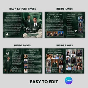 May include: A funeral program template featuring a dark green botanical background with white roses. The layout includes sections for an acknowledgement, order of service, tributes, and photo collages, with text reading In Loving Memory.