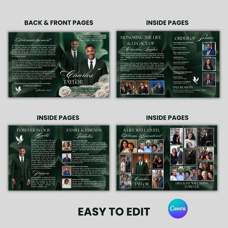 May include: A funeral program template featuring a dark green botanical background with white roses. The layout includes sections for an acknowledgement, order of service, tributes, and photo collages, with text reading In Loving Memory.