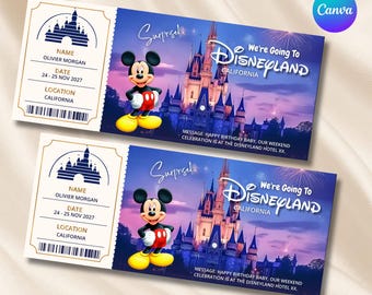Disneyland Surprise Ticket Template, Vacation Reveal Ticket, Editable Canva Printable Gift Voucher (Digital Download)