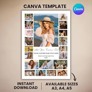 May include: A white Canva template with a collage of photos, a central image of a woman in a hat, and text that reads "CANVA TEMPLATE", "Add Your Custom Title", "YOUR CUSTOM SUB-TITLE HERE", "INSTANT DOWNLOAD", and "AVAILABLE SIZES A3, A4, A5".