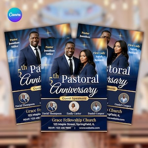 May include: A navy blue flyer for the 5th Pastoral Anniversary, featuring photos of pastors and guest speakers. The flyer includes the text "5th Pastoral Anniversary" and details for Grace Fellowship Church.