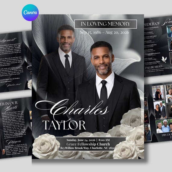 8 Page Black Funeral Program Template, Memorial Booklet Celebration of Life Obituary (Canva Download)