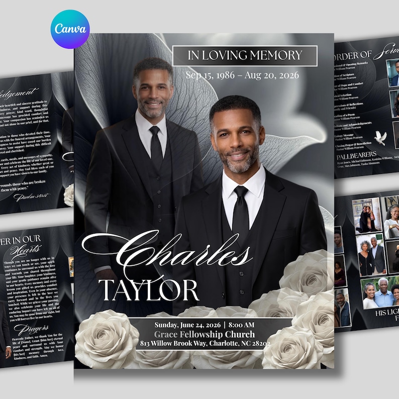 Black & White Funeral Program Template | Canva Memorial Service Obituary | Celebration of Life image 1