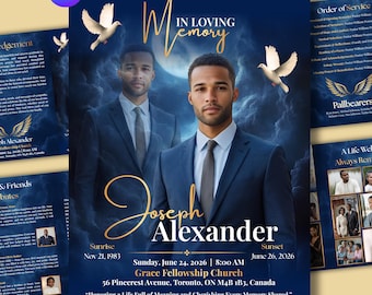 May include: A memorial service program with a portrait of a man in a navy suit, the words "In Loving Memory" in gold script, and the name "Joseph Alexander" in elegant cursive. The program includes dates, times, and location details.