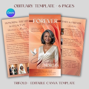 May include: A six-page obituary program template featuring a peach-colored background with abstract wave patterns. The design includes placeholders for text, a central portrait of a person, and a white dove graphic. Text includes Forever In Our Hearts.