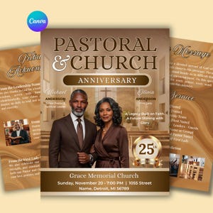 Modello di programma per l'anniversario pastorale, servizio religioso a due ante, ringraziamento al pastore (modello Canvas)