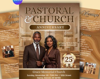 Pastoral Anniversary Program Template, Bifold Church Service, Pastor Appreciation (Canva Template)