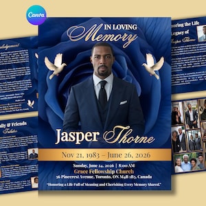 Puede incluir: An announcement of a memorial service with a blue floral background and a portrait of Jasper Thorne. The text includes dates, a church address, and "In Loving Memory."