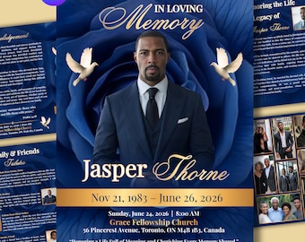 May include: A memorial announcement with a blue rose background and a portrait of Jasper Thorne. The text includes dates, a church address, and the phrase "In Loving Memory."