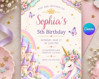 Editable Unicorn Birthday Invitation Template, Canva Rainbow Girls Party (Digital Download)