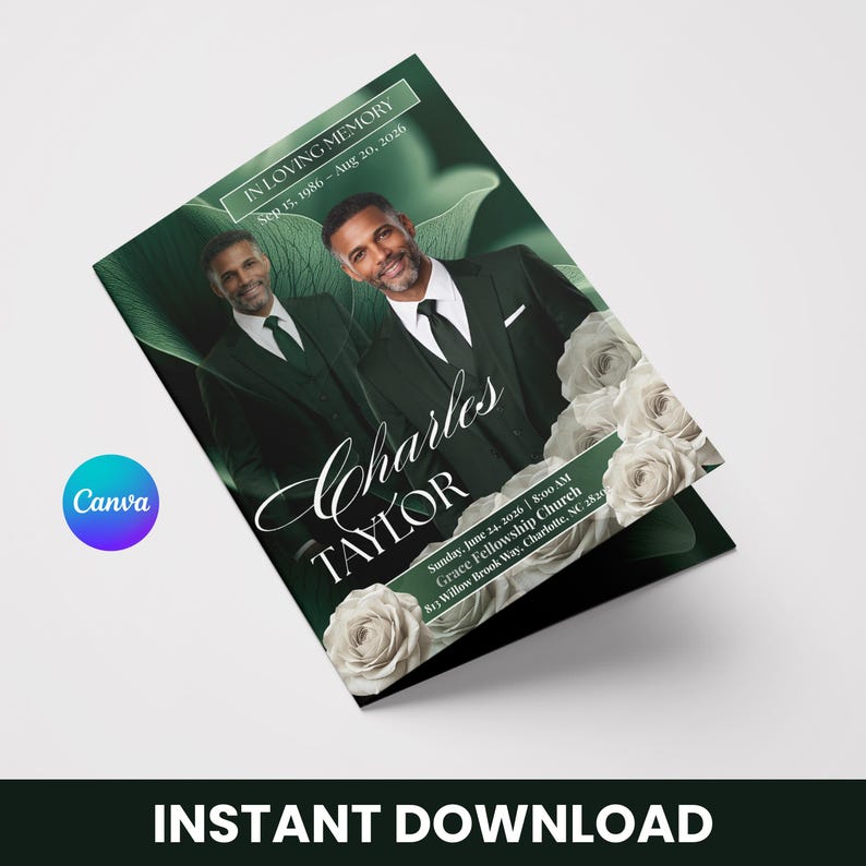 May include: A funeral program featuring a portrait of a man in a black suit and tie, with the text IN LOVING MEMORY, Sep 15, 1986 - Aug 20, 2026, Charles Taylor, Sunday, June 24, 2026, 8:00 AM, Grace Fellowship Church, 813 Willow Brook Way, Charlotte, NC 2820