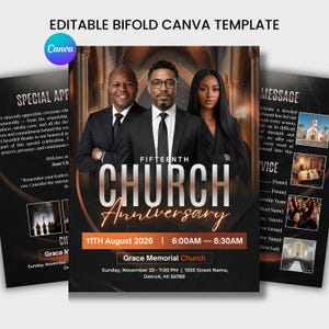 Könnte beinhalten: Eine bearbeitbare, faltbare Canva-Vorlage für ein Kirchenjubiläumsprogramm. Das Design zeigt drei Personen in formeller schwarzer Kleidung, den Text FIFTEENTH CHURCH Anniversary, das Datum 11TH August 2026 und Grace Memorial Church, Detroit, MI 56789.