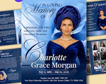 Blue Funeral Program  | 8-Page Memorial Service | Celebration of Life Obituary | Canva Template