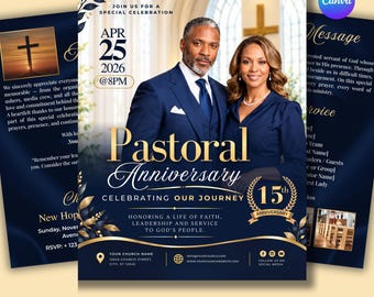 Plantilla para programa de aniversario pastoral, folleto editable de 4 páginas para la iglesia (Canva)