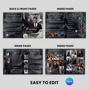 May include: A funeral program template featuring a black and grey floral background with white text. The layout includes sections for an acknowledgement, order of service, tributes, and a photo collage honoring the life of Charles Taylor.