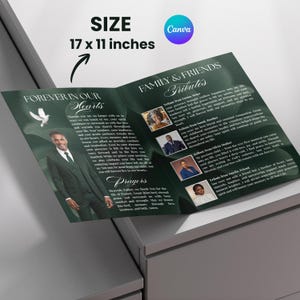 May include: A dark green funeral program measuring 17 x 11 inches, featuring the text Forever In Our Hearts and Family & Friends Tributes. The layout includes a photograph of a person in a suit, a white dove icon, and four smaller portrait photos.