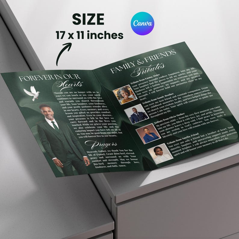 May include: A dark green funeral program measuring 17 x 11 inches, featuring the text Forever In Our Hearts and Family & Friends Tributes. The layout includes a photograph of a person in a suit, a white dove icon, and four smaller portrait photos.