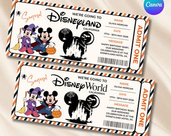Editable Halloween Disneyland Ticket, Disneyworld Surprise Reveal (Digital Download)