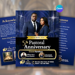 Op de afbeelding: Een blauwe en gouden flyer voor een 5e pastoraal jubileum op 24 mei 2026 in de St. Patrick's Cathedral. Het bevat een foto van twee personen, de namen van gastsprekers William Ross en John Sumit, evenementdetails en een programma.