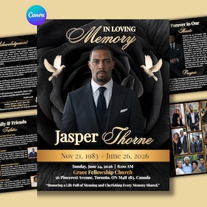 May include: A memorial card with a black rose background and gold text that reads "In Loving Memory". The card features a portrait of a man in a suit, the name "Jasper Thorne", and dates. Includes text about the service.