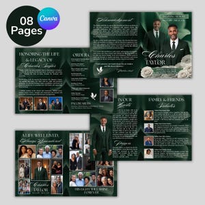 May include: An eight-page funeral program template featuring a dark green leaf background, white text, and multiple photo placeholders. The design includes sections for an acknowledgement, order of service, tributes, and memorial photos of Charles Taylor.