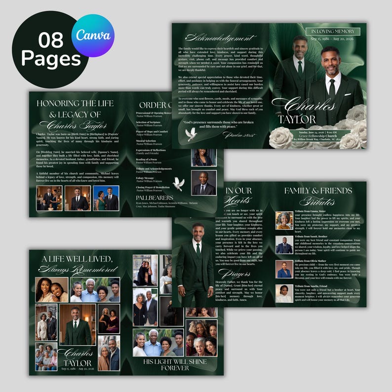May include: An eight-page funeral program template featuring a dark green leaf background, white text, and multiple photo placeholders. The design includes sections for an acknowledgement, order of service, tributes, and memorial photos of Charles Taylor.