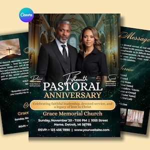 Könnte beinhalten: Ein Flyer zum fünfzehnten pastoralen Jubiläum der Grace Memorial Church. Das Design zeigt ein Foto eines Mannes und einer Frau mit Veranstaltungsdetails wie Datum, Uhrzeit und Adresse. Der Flyer ist dunkelgrün mit goldenen Akzenten.