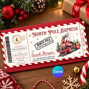 Puede incluir: Un billete de tren North Pole Express impreso en papel blanco con bordes a rayas rojas y blancas. El billete presenta una locomotora de vapor roja, un sello postal del Polo Norte y texto que incluye "To: Sarah Morgan," "24th December 2030," y "10:00 AM."