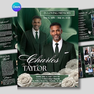 Green Roses Funeral Program Template, 8-Page Memorial Booklet, Celebration of Life Obituary, Canva Template