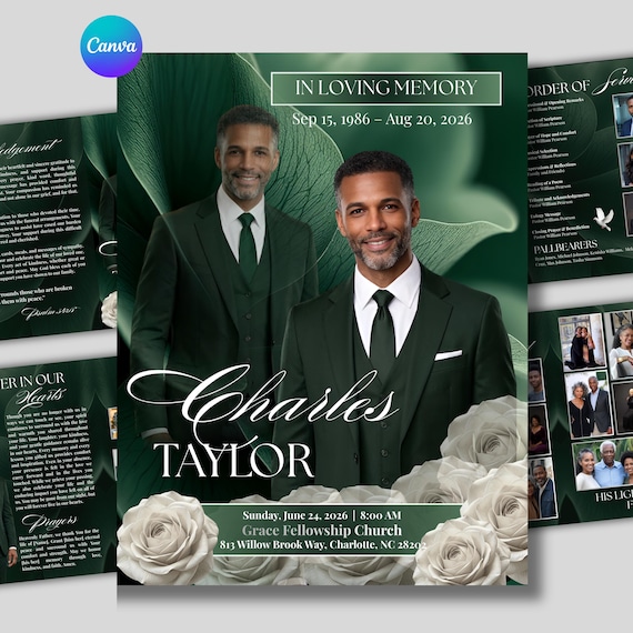 Funeral Program Template, 8-Page Memorial Booklet, Celebration of Life Obituary, (Digital Download)