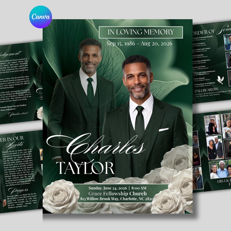 May include: A funeral program template featuring a dark green background with large leaf patterns and white roses. The text reads In Loving Memory, Charles Taylor, Sep 15, 1986 &ndash; Aug 20, 2026, and details for a service at Grace Fellowship Church in Charlotte, NC.