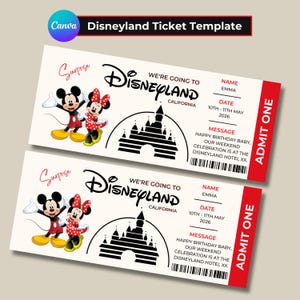 May include: Two rectangular Disneyland ticket templates featuring Mickey and Minnie Mouse, the text "We're going to Disneyland California," "Surprise," and "Admit One." Fields include Name: Emma, Date: 10th-11th May 2026, and a birthday message with a barcode.