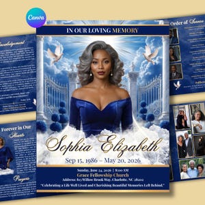 May include: A memorial service program with a portrait of a woman in a blue dress, framed by a heavenly scene with doves and gates. The text reads "In Our Loving Memory" and includes the name "Sophia Elizabeth" and dates. The program also includes service details.