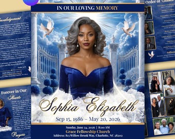 May include: A memorial service program with a portrait of a woman in a blue dress, framed by a heavenly scene with doves and gates. The text reads "In Our Loving Memory" and includes the name "Sophia Elizabeth" and dates. The program also includes service details.