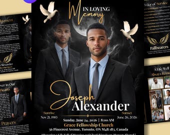 Elegant Black Gold Funeral Program Template, Celebration of Life Obituary, Memorial Booklet (Digital Download)