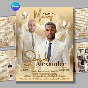 May include: A memorial service program with a portrait of a man in a cream suit, with the text "In Loving Memory" and the name "Joseph Alexander." The program includes dates, times, and location details.